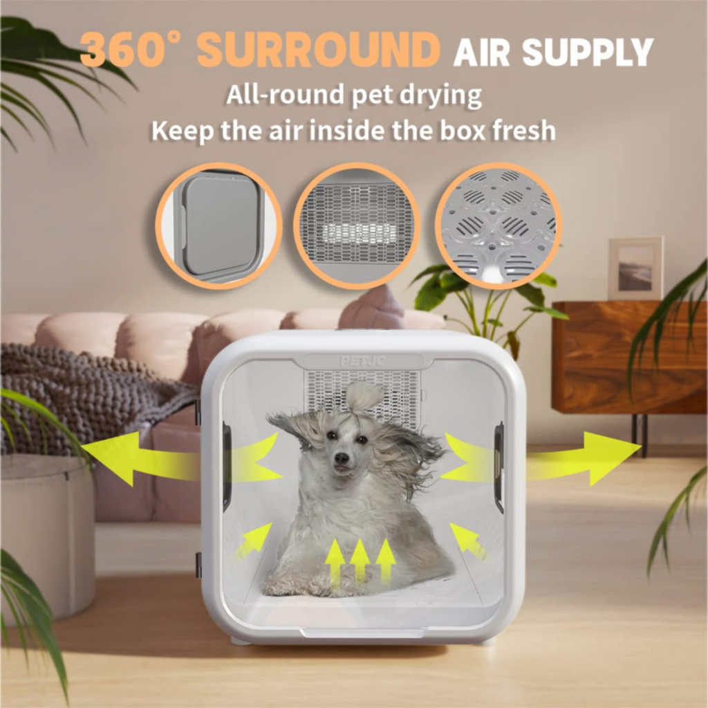 Pet drying box with 360-degree air supply system in a living room setting.
