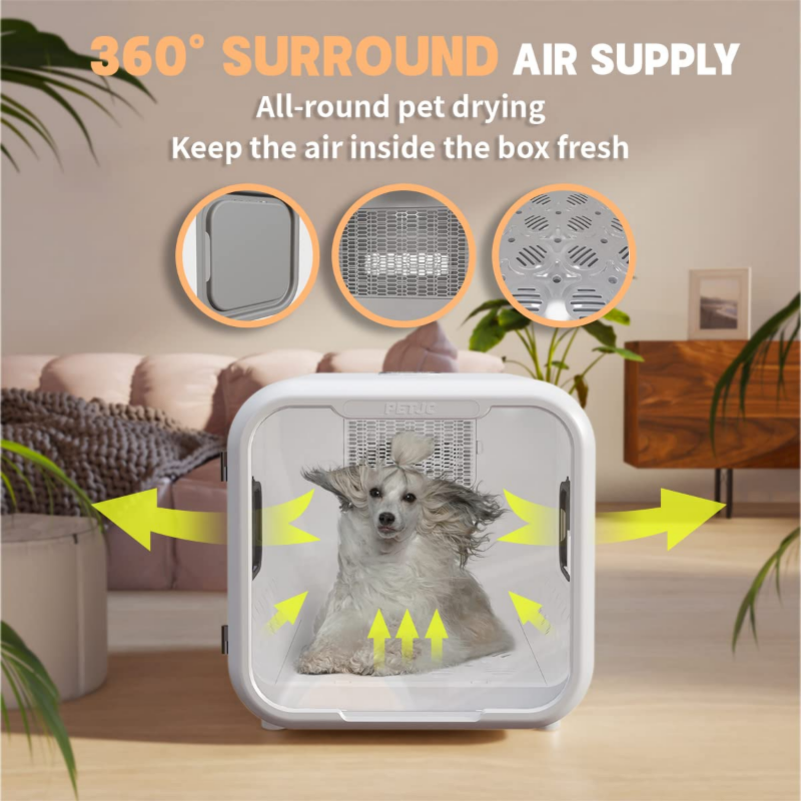 Pet drying box with 360-degree air supply system in a living room setting.