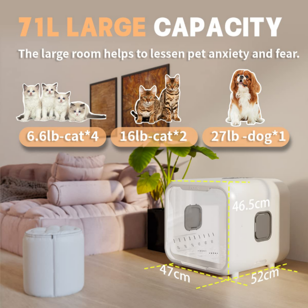 Pet carrier with capacity details and illustrations of pets in a room setting