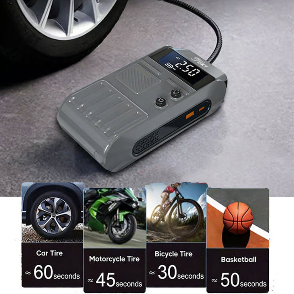 Portable air compressor with digital display on a concrete surface, showing tire inflating times for different types of tires.