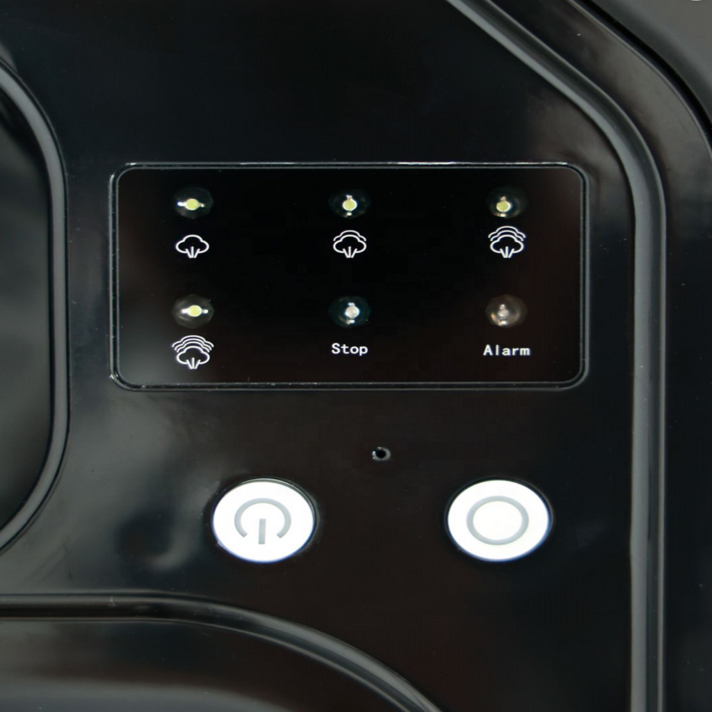 Control panel with illuminated buttons on a black background