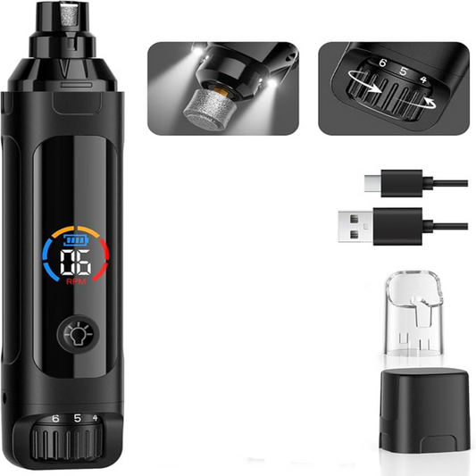 Black electronic device with digital display, attachments, and USB cable on a white background