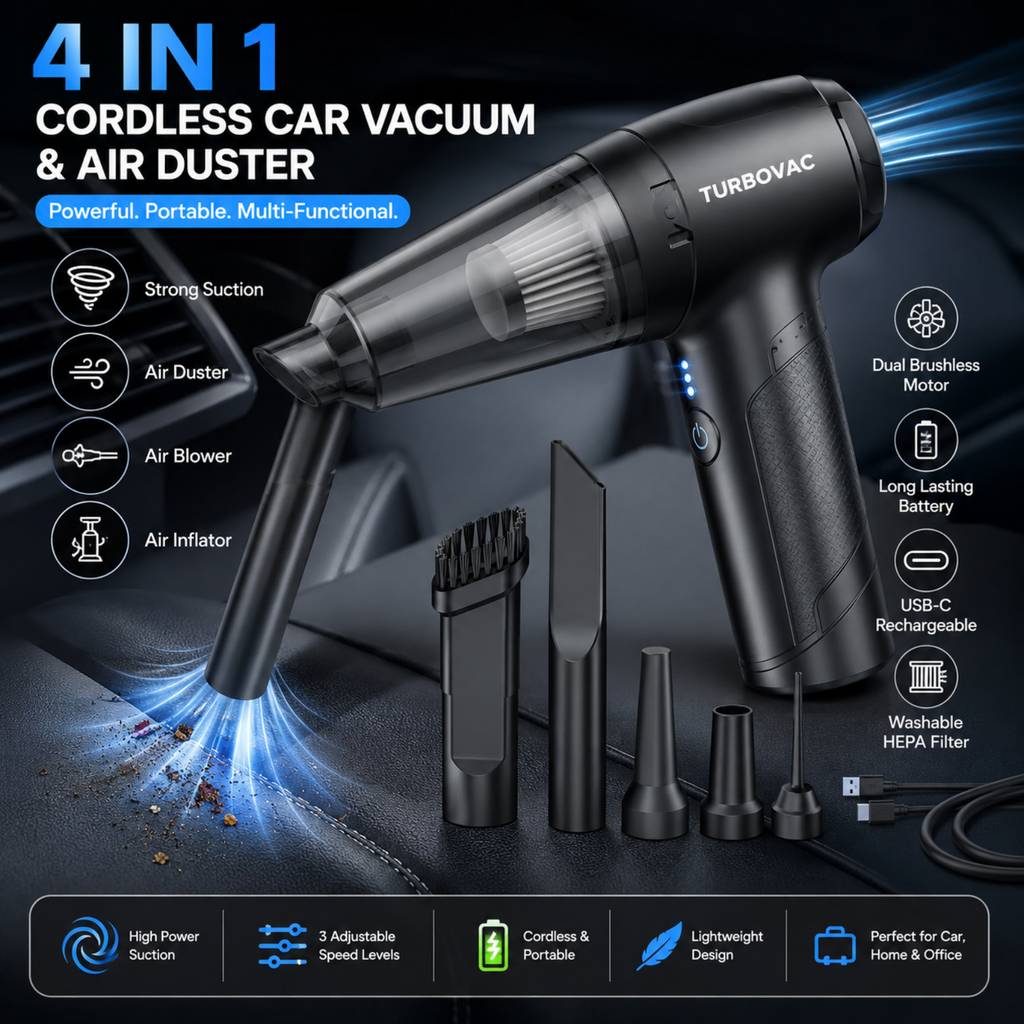 Turbovac 4-in-1 cordless car vacuum and air duster with attachments on a dark background
