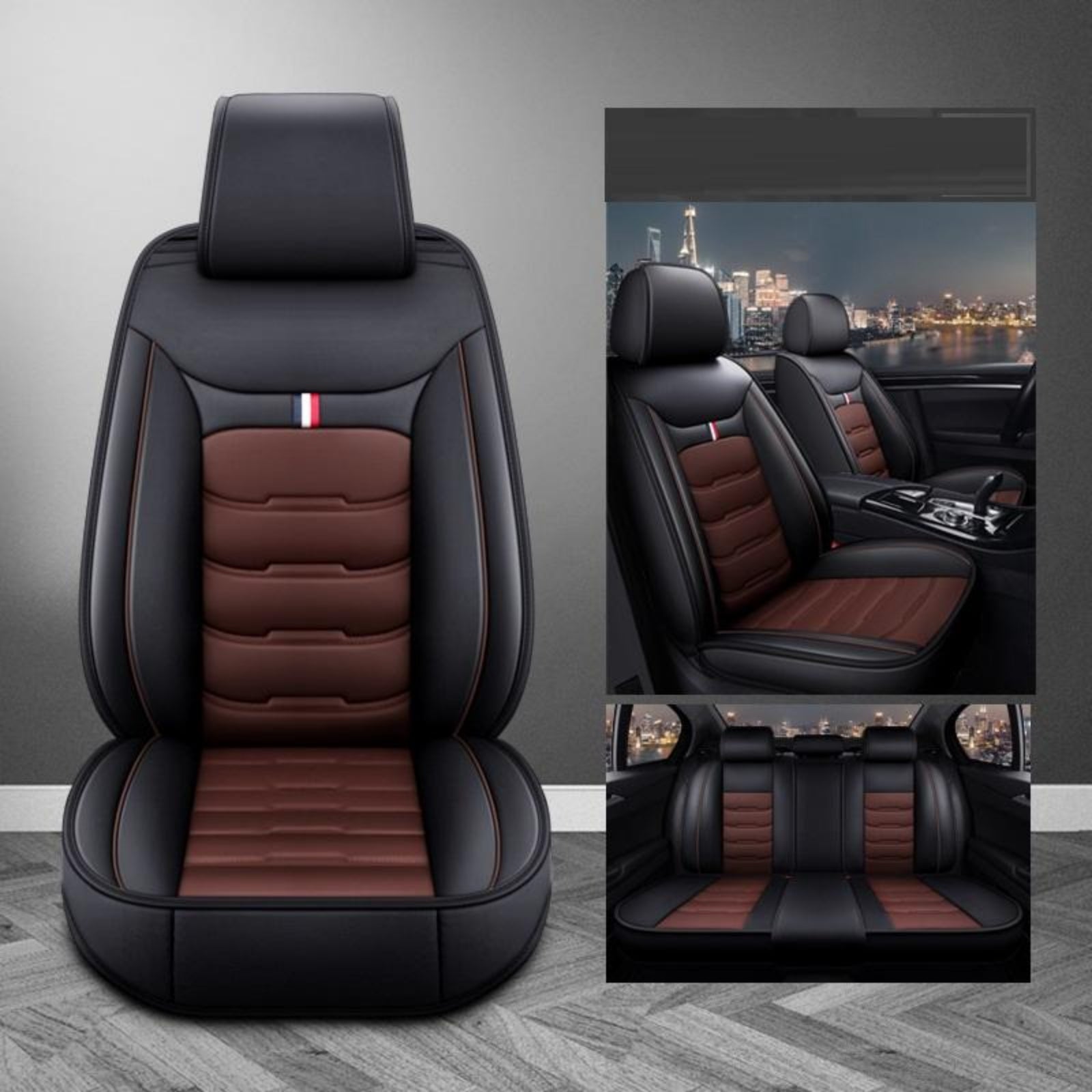 Black and brown car seat covers with a cityscape background