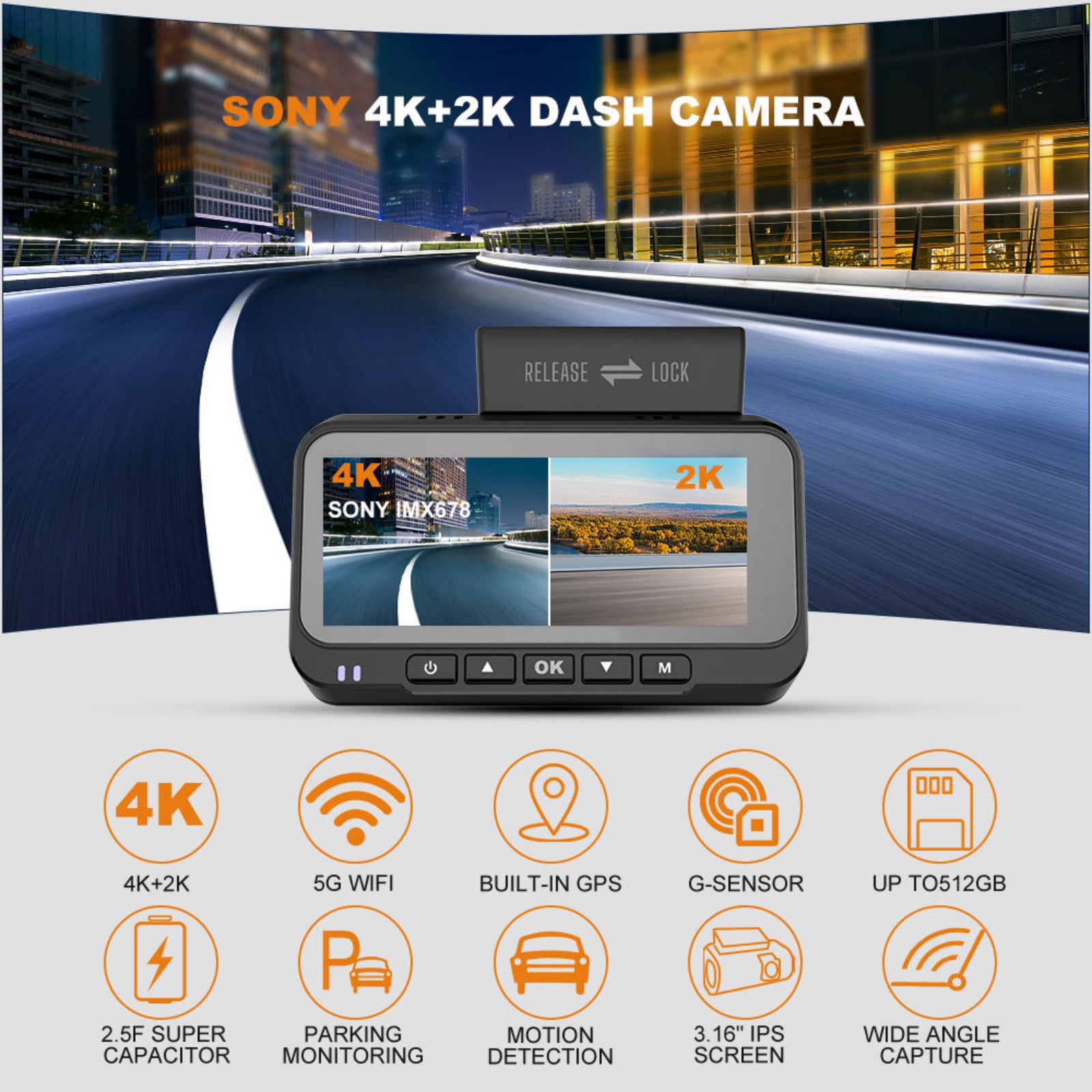 Sony 4K+2K dash camera with features listed on a road background