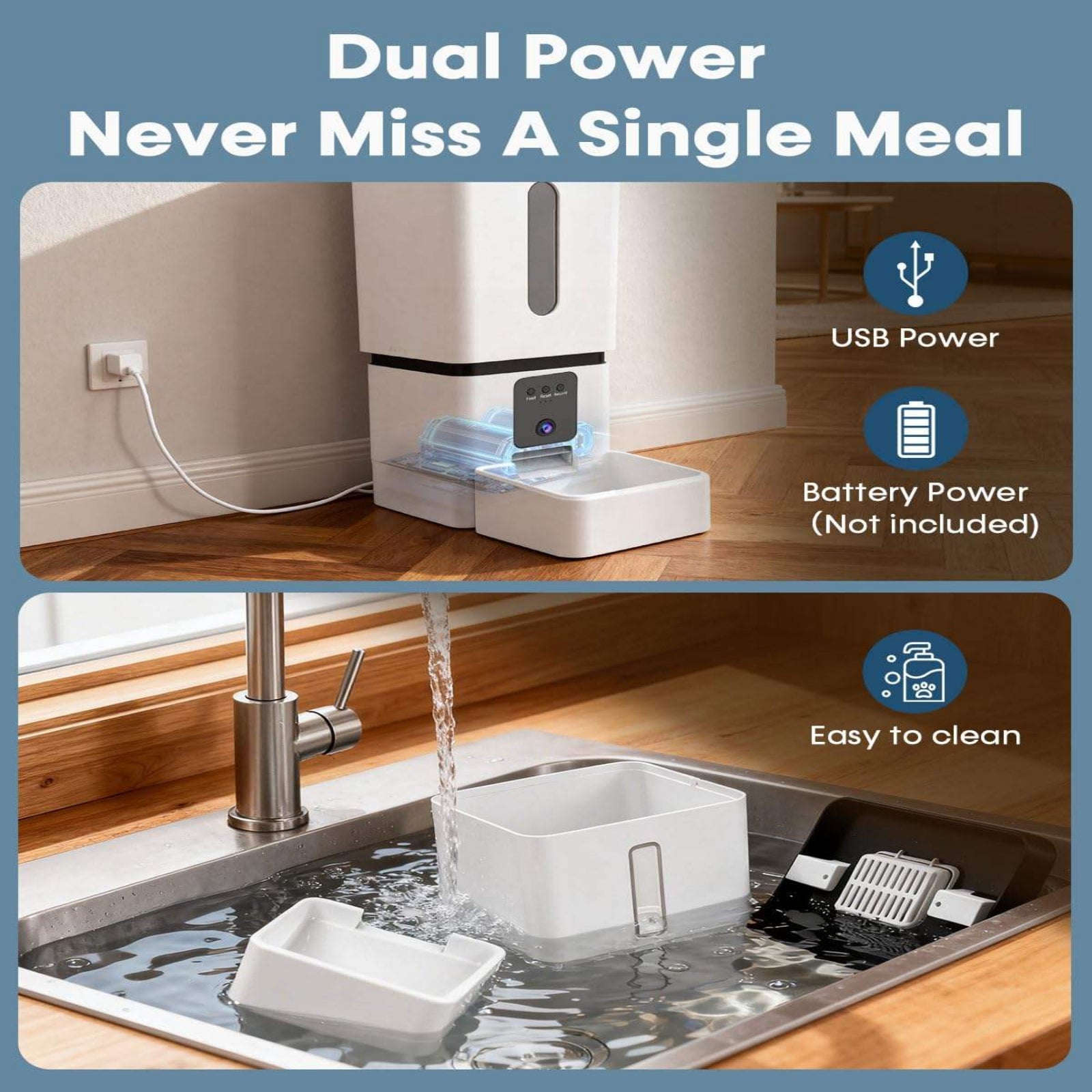 Pet water dispenser with dual power options and ease of cleaning feature.