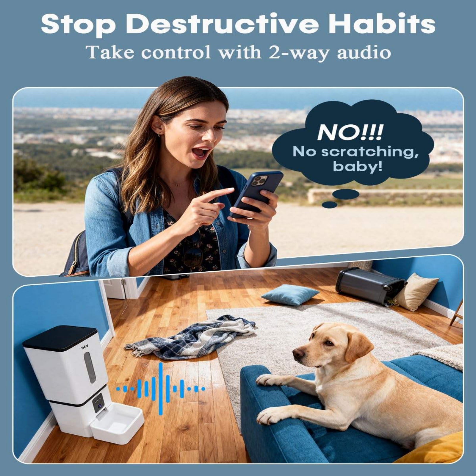 Woman using a phone with a dog on a couch, with text about stopping destructive habits and 2-way audio.