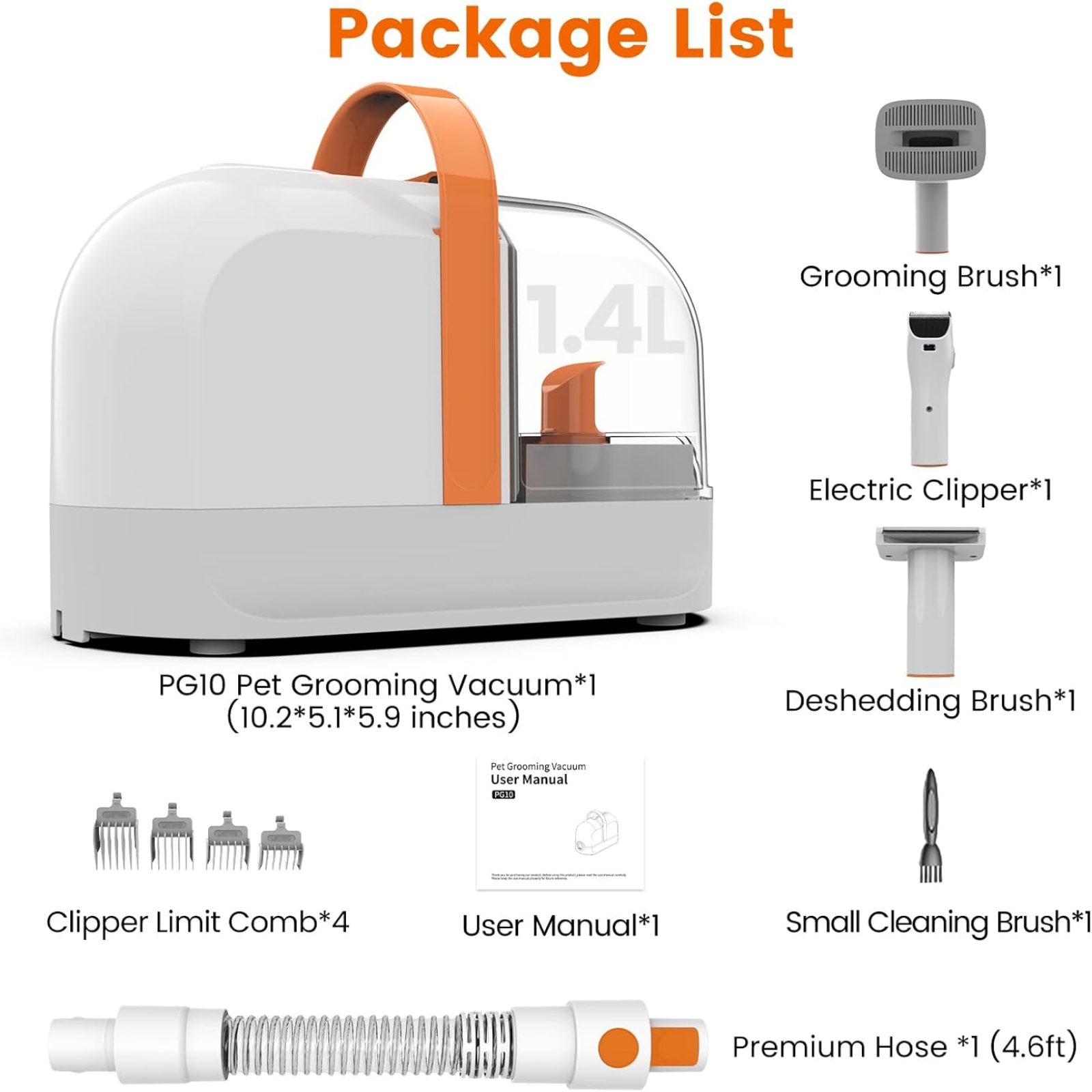Package list of pet grooming vacuum with tools on a white background