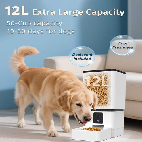 Dog standing next to a 12L pet food storage container with text highlighting capacity and features.
