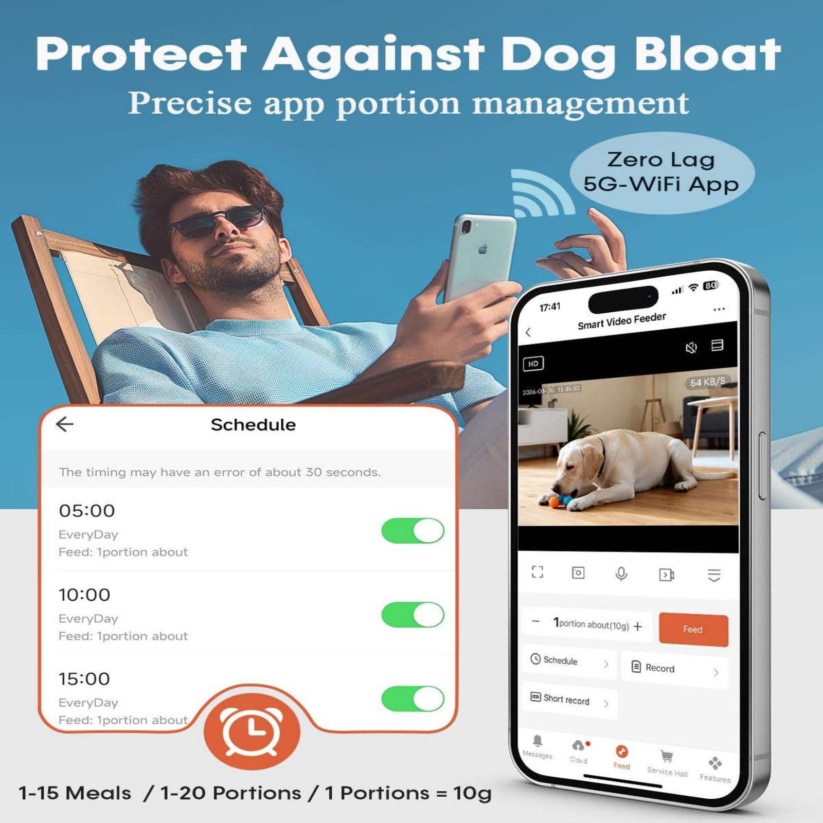 Person using a smartphone with an app for precise portion management of a dog's food, set against a blue sky.