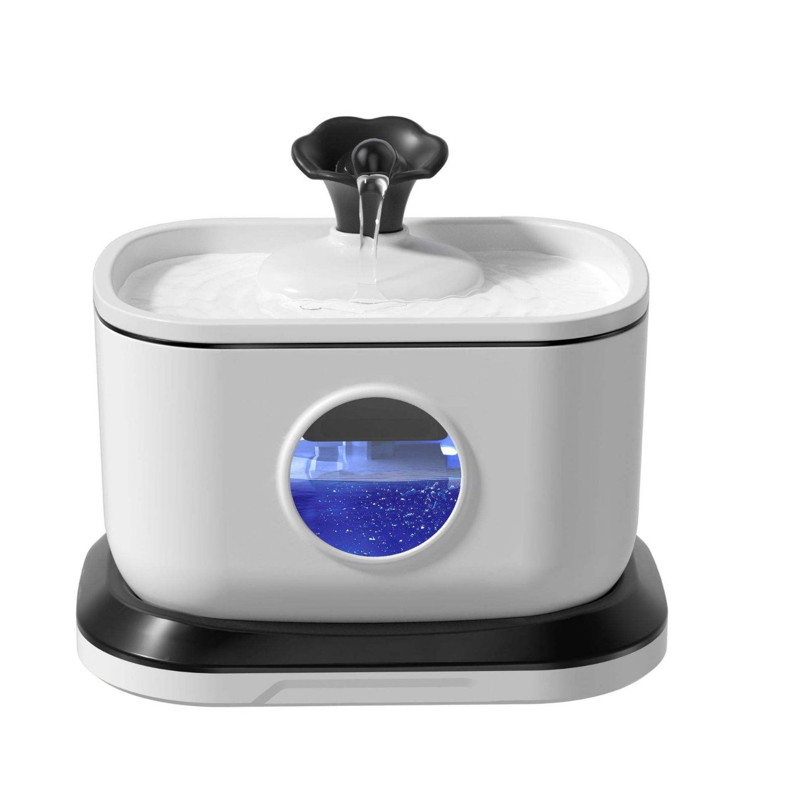White pet water fountain with black accents on a white background