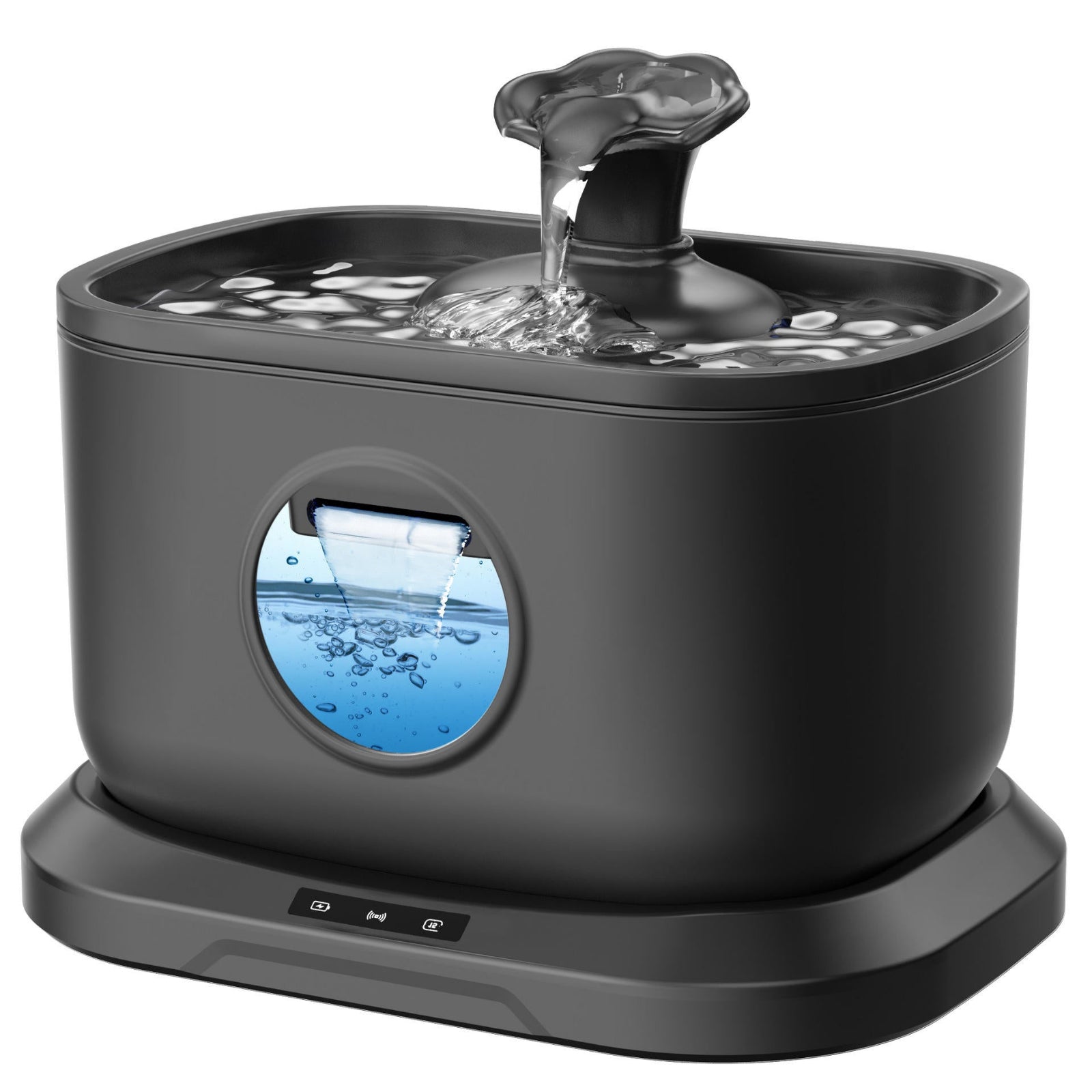Gray pet water fountain with water flowing on a white background
