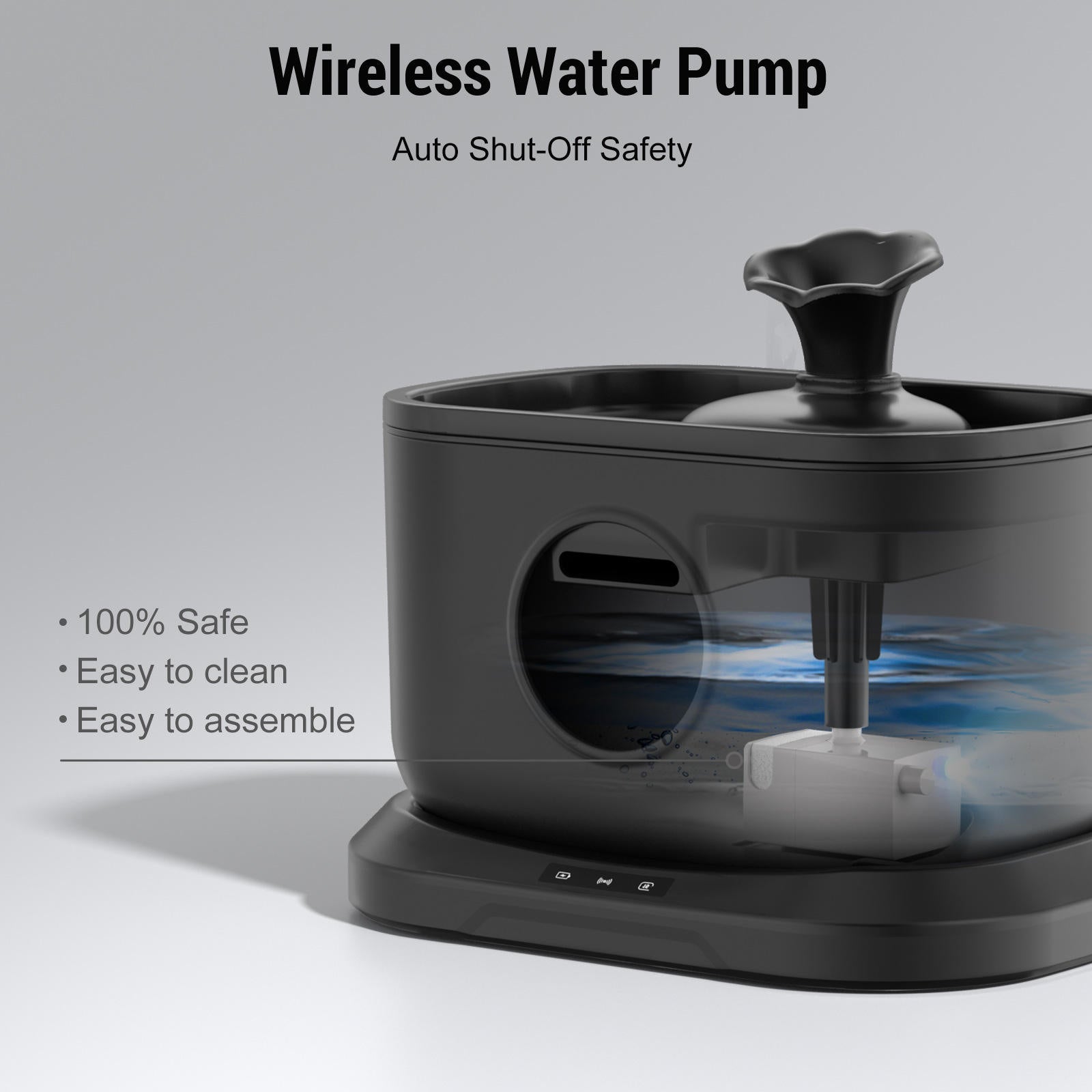 Wireless water pump with auto shut-off safety feature on a gray background