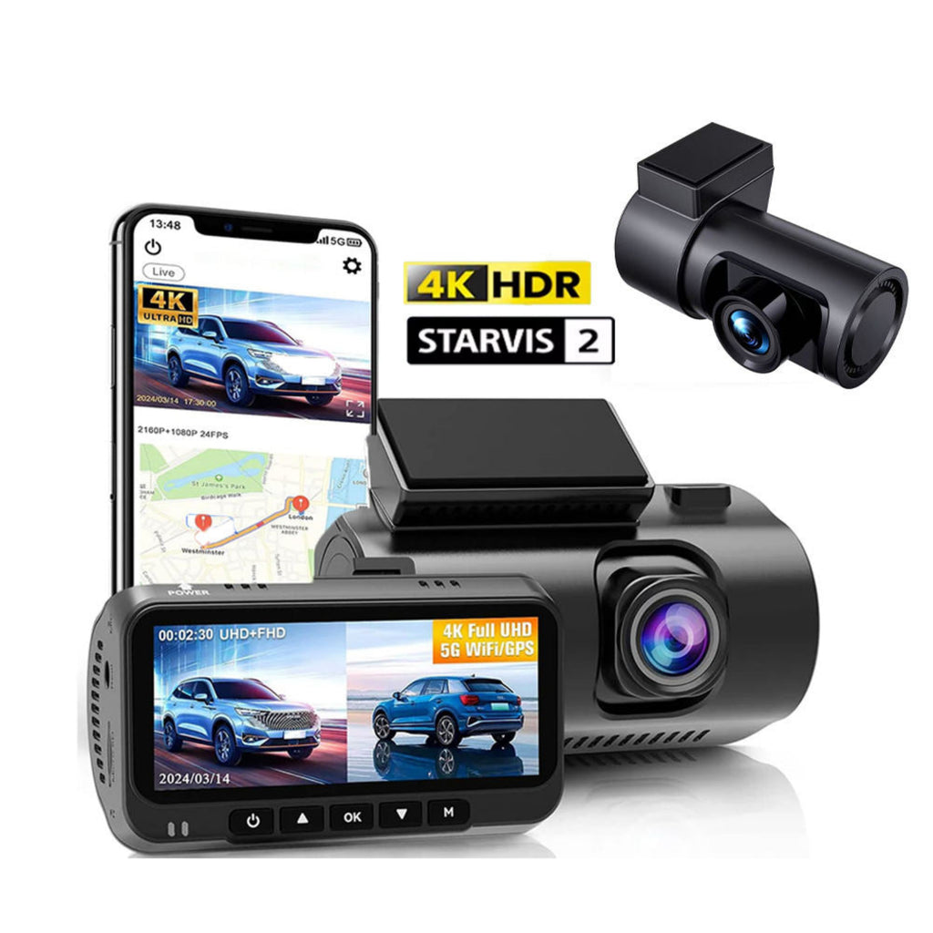 Car dashboard camera with smartphone displaying footage, featuring 4K HDR technology.