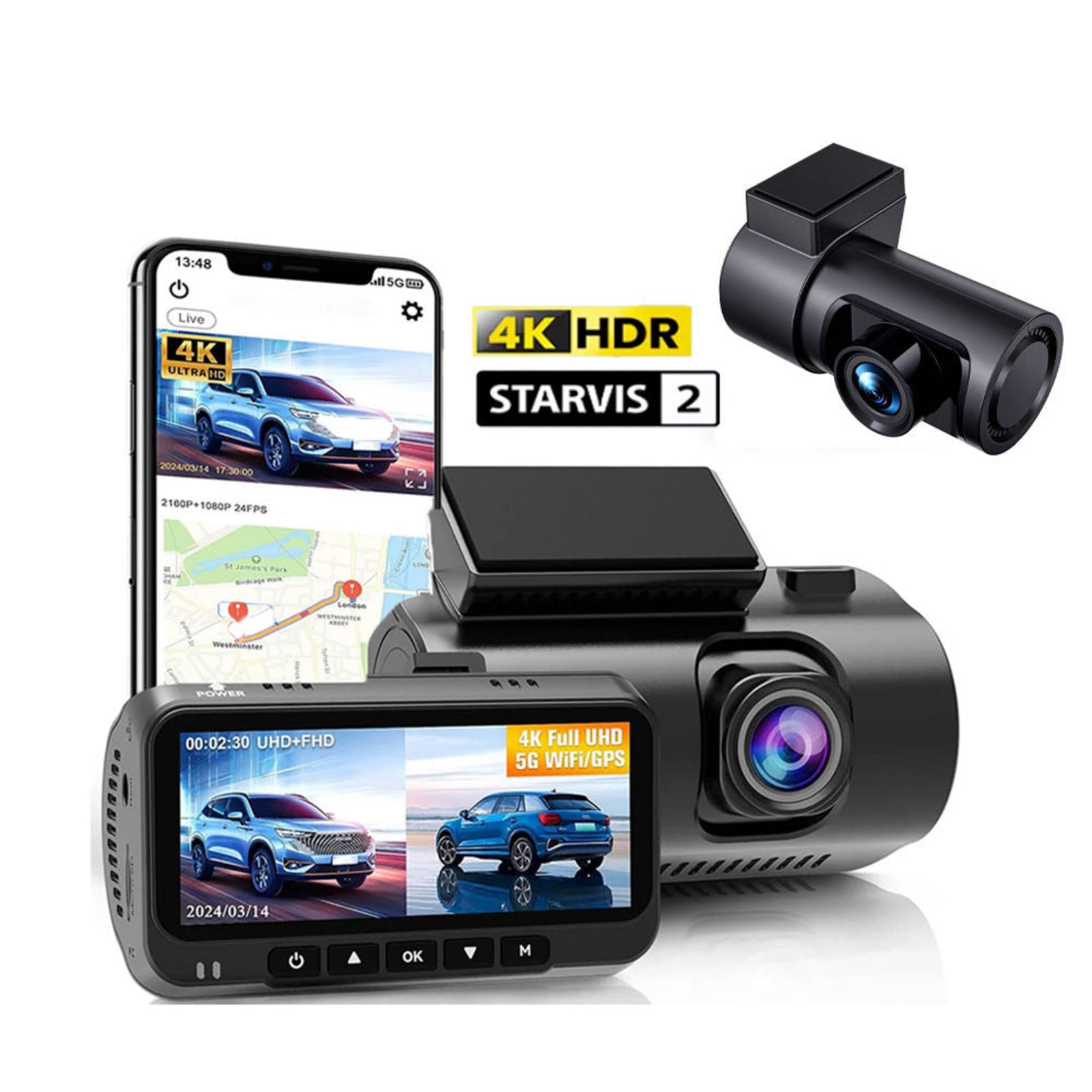 Car dashboard camera with smartphone displaying footage, featuring 4K HDR technology.