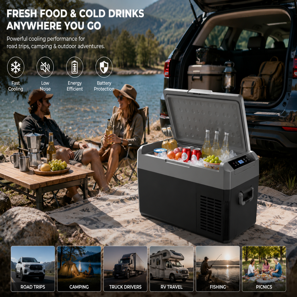 Portable cooler with food and drinks near a lake with people sitting by the water.