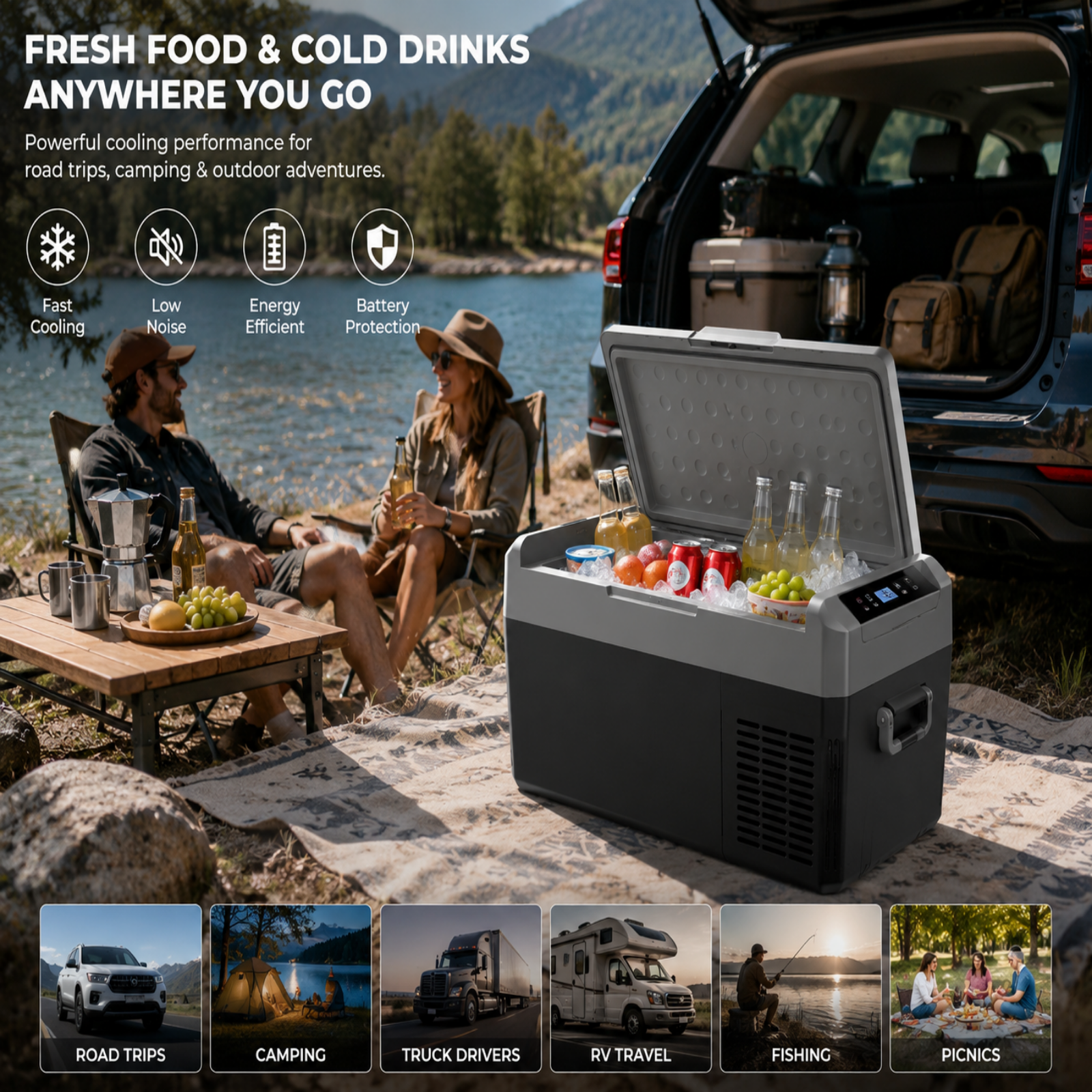 Portable cooler with food and drinks near a lake with people sitting by the water.