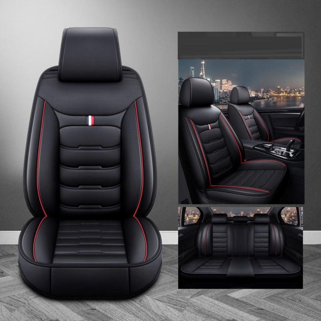 Black car seat cover with red stitching on a gray background