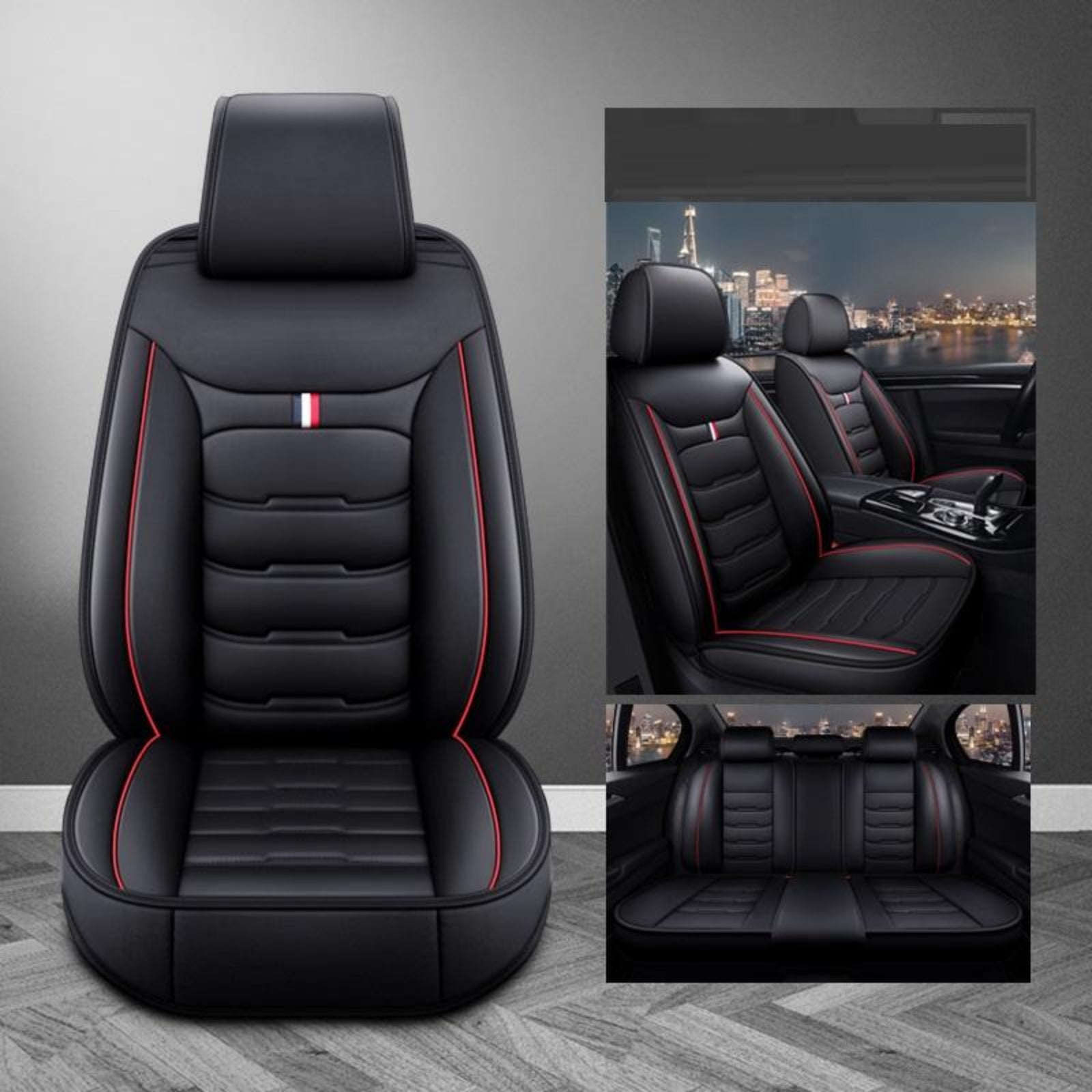Black car seat cover with red stitching on a gray background