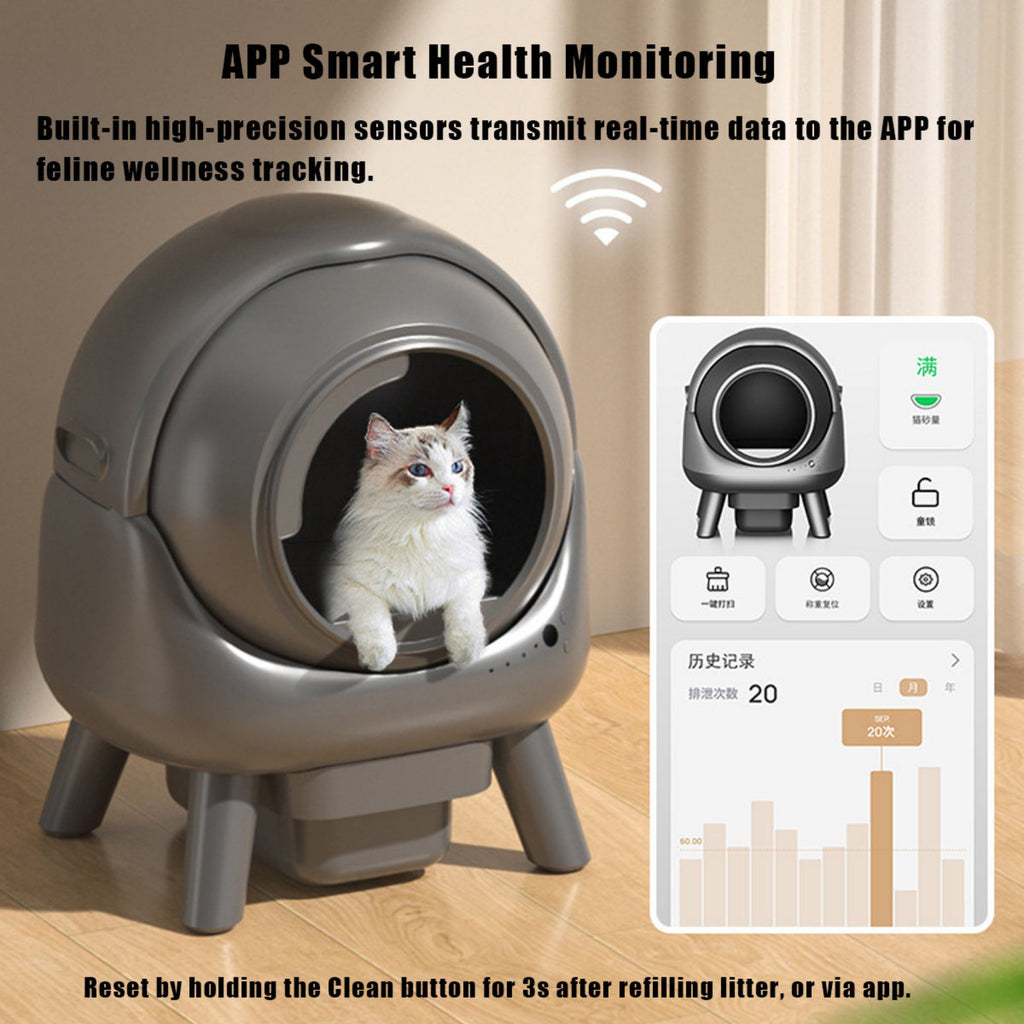 Smart pet litter box with a cat inside and an app interface on the right.
