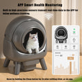 Smart pet litter box with a cat inside and an app interface on the right.