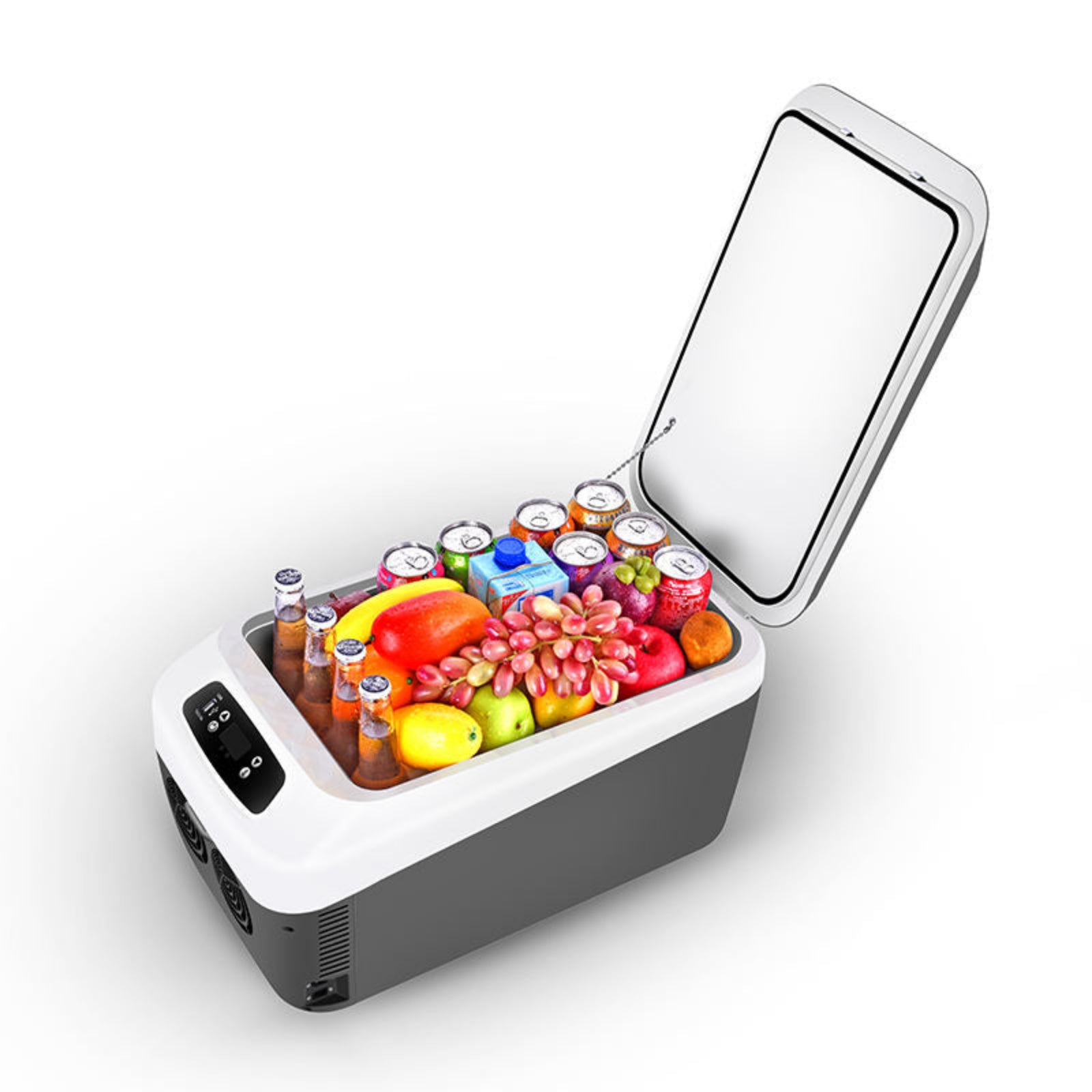 Portable refrigerator with food and drinks on a white background