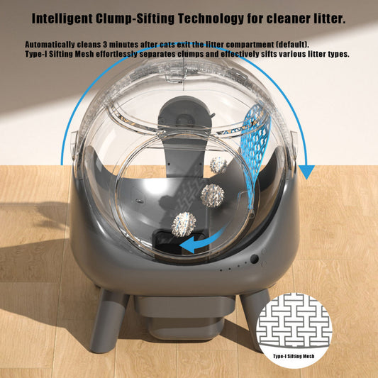 Pet litter box with clump-sifting technology on a wooden floor