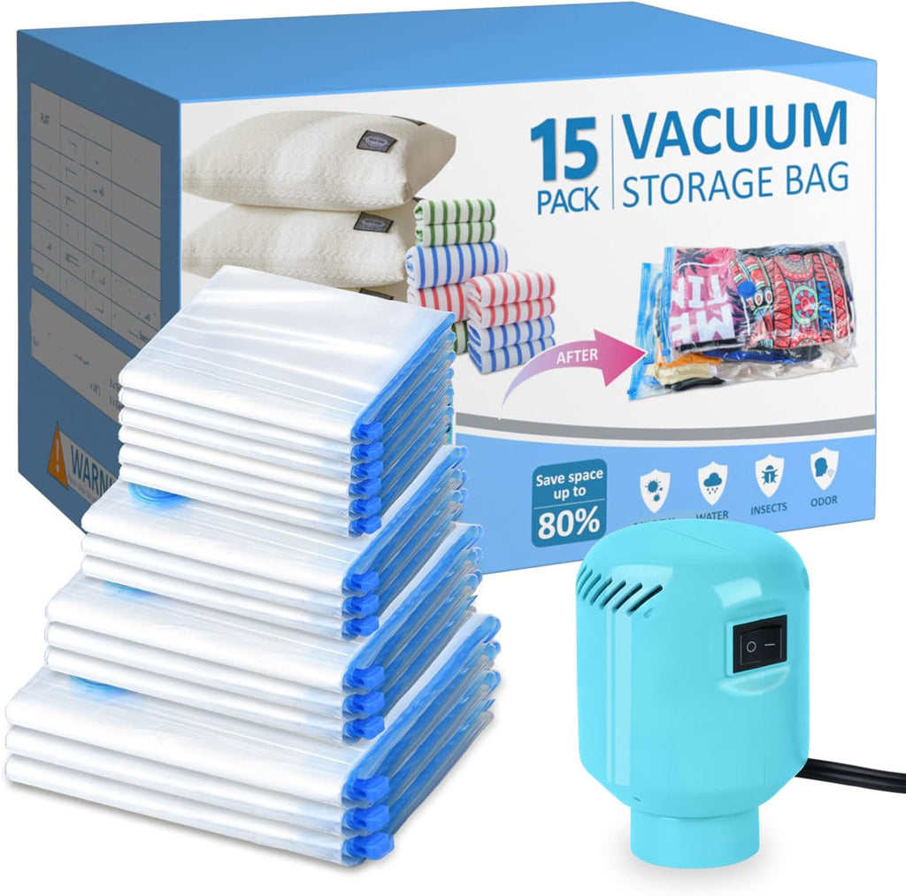 15-Piece Vacuum Storage Bag Set – Space-Saving Compression Bags with Electric Pump for Clothes, Bedding & Travel