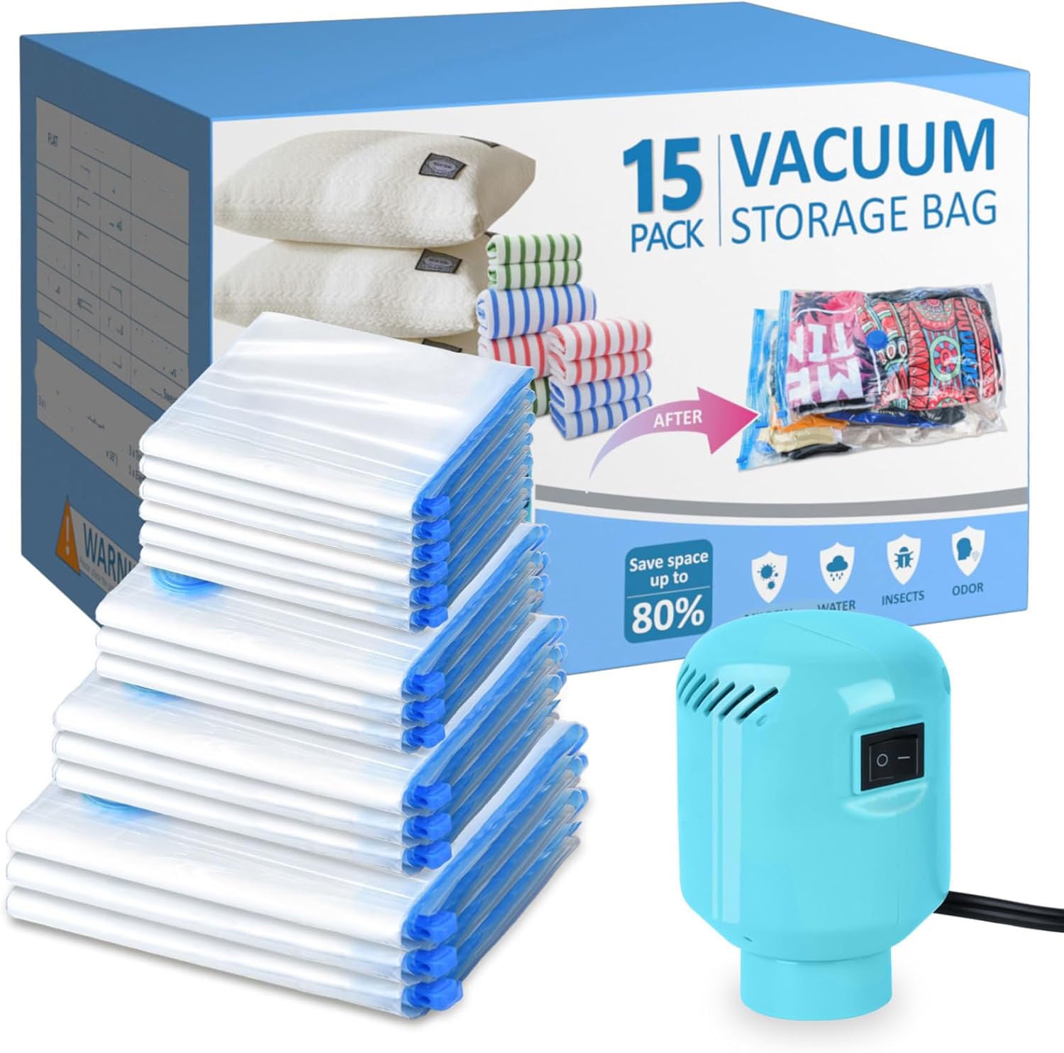 15-Piece Vacuum Storage Bag Set – Space-Saving Compression Bags with Electric Pump for Clothes, Bedding & Travel