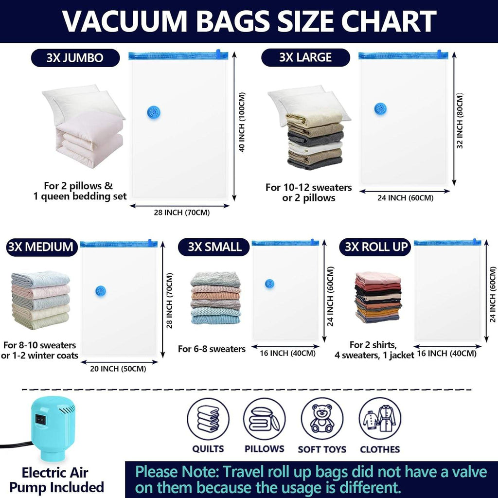 15-Piece Vacuum Storage Bag Set – Space-Saving Compression Bags with Electric Pump for Clothes, Bedding & Travel