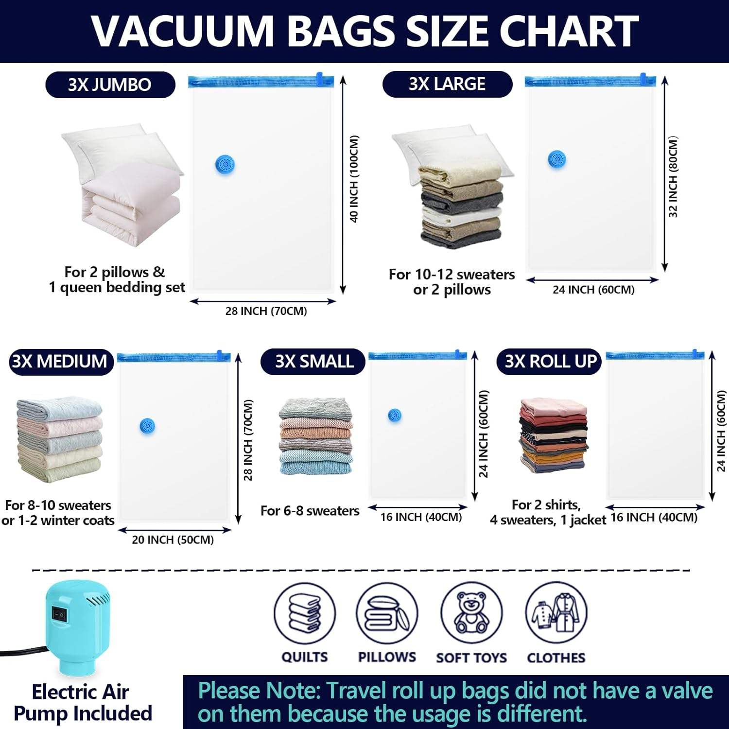 15-Piece Vacuum Storage Bag Set – Space-Saving Compression Bags with Electric Pump for Clothes, Bedding & Travel