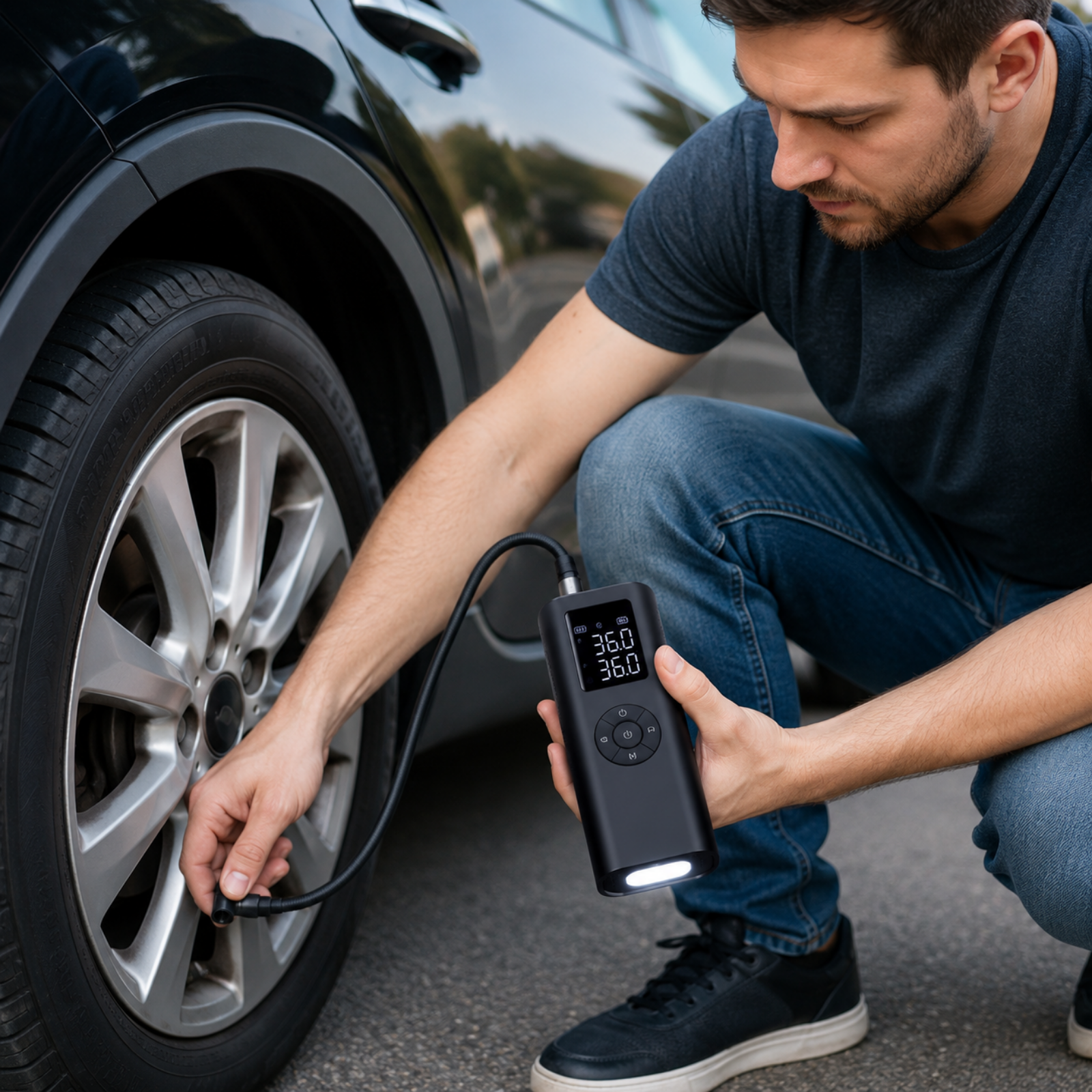 Smart Cordless Tire Inflator Air Compressor – 150 PSI Portable Digital Air Pump with Auto Shut-Off, LCD Display, LED Light & USB Rechargeable