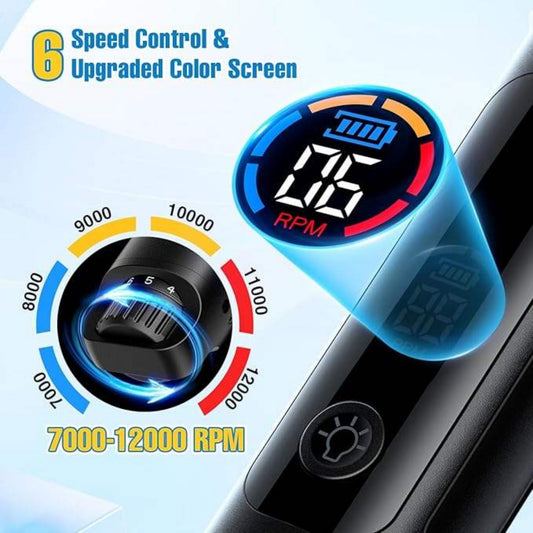 Digital tachometer with RPM display on a car dashboard, featuring 6 speed control and upgraded color screen.