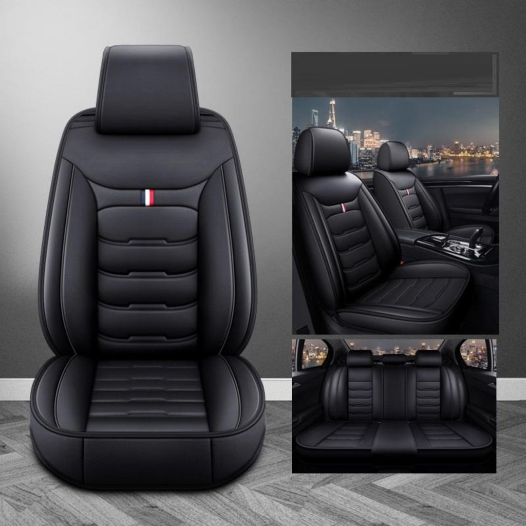 Black leather car seat cover with cityscape background