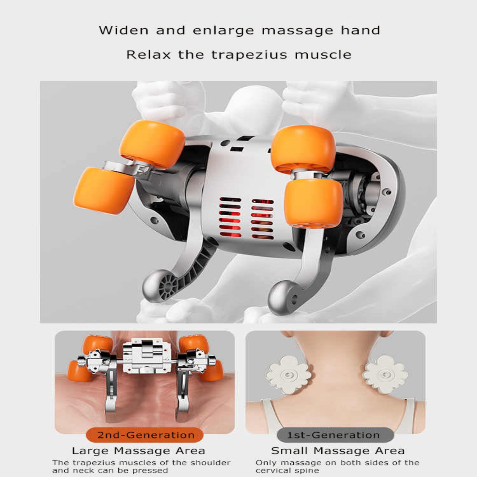 Massage device with orange rollers and text explaining its use on a gray background