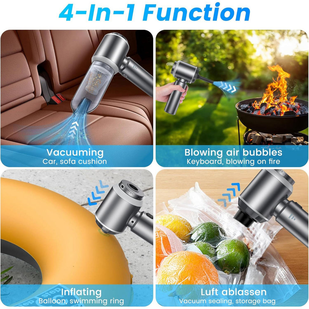 Multifunctional tool with various uses including vacuuming, blowing air bubbles, inflating balloons, and lifting objects.