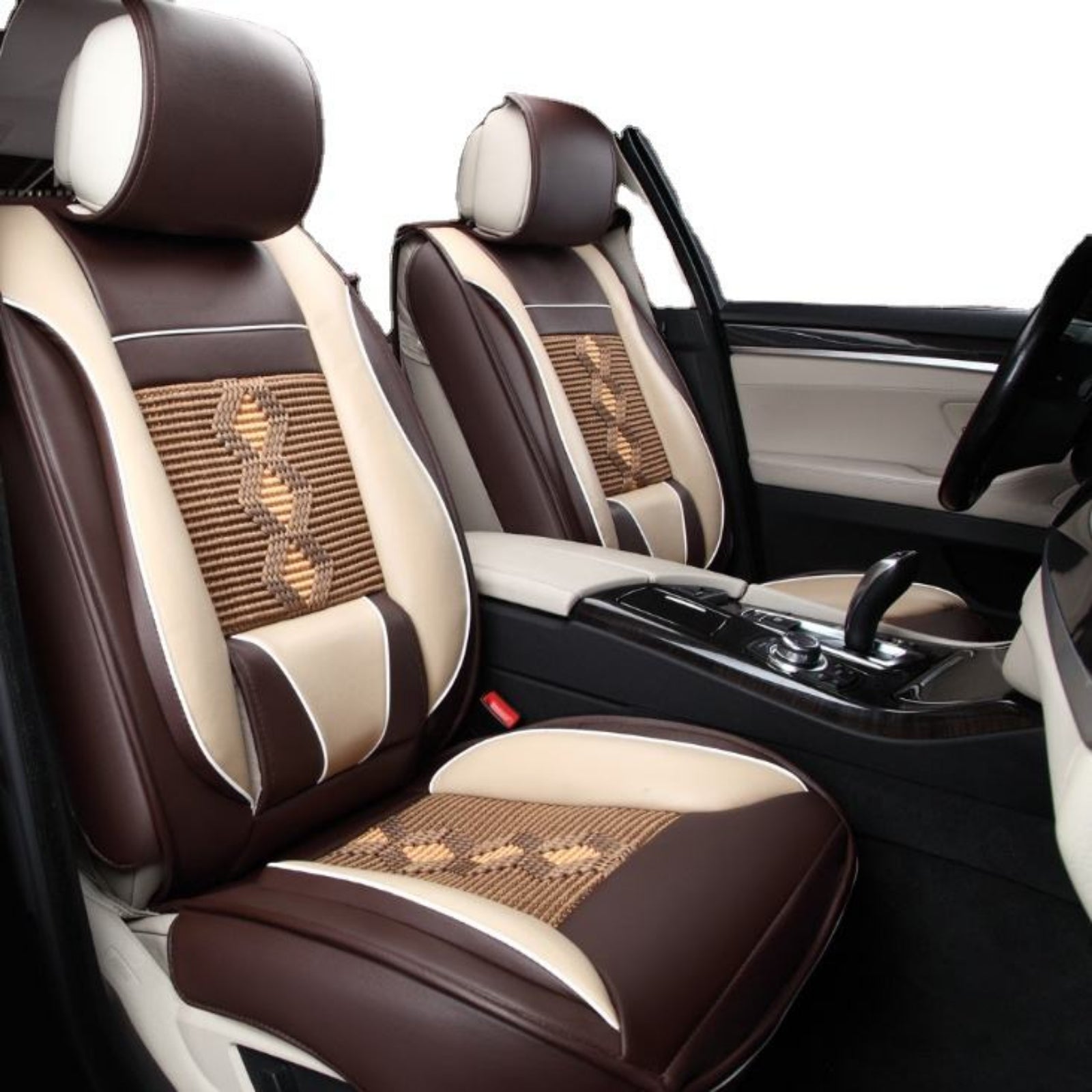 Car interior with brown and beige seat covers featuring a bamboo pattern.