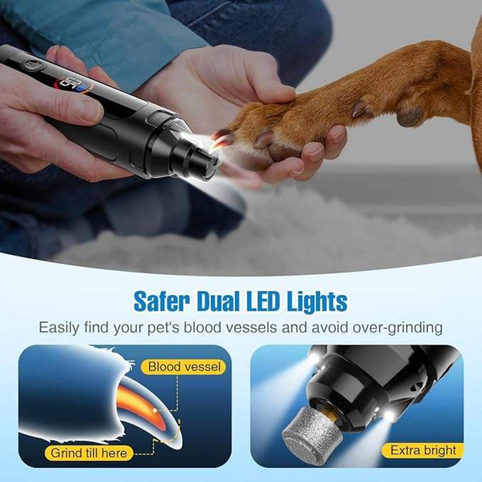 Person using a pet grooming tool on a dog's paw with dual LED lights.
