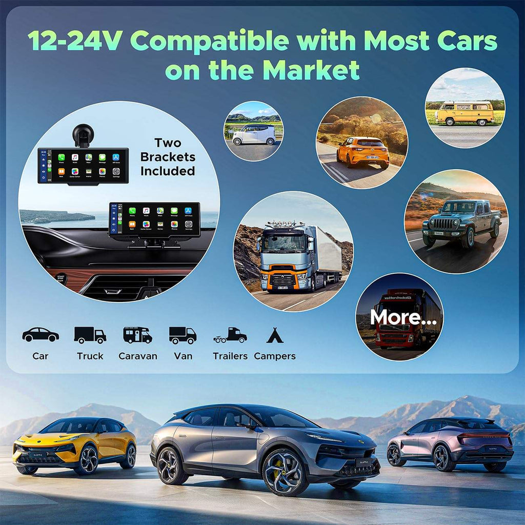 10.26-Inch Wireless Apple CarPlay & Android Auto Touchscreen Display – Portable HD IPS Car Multimedia Player with Bluetooth, FM Transmitter, Mirror Link & Voice Control