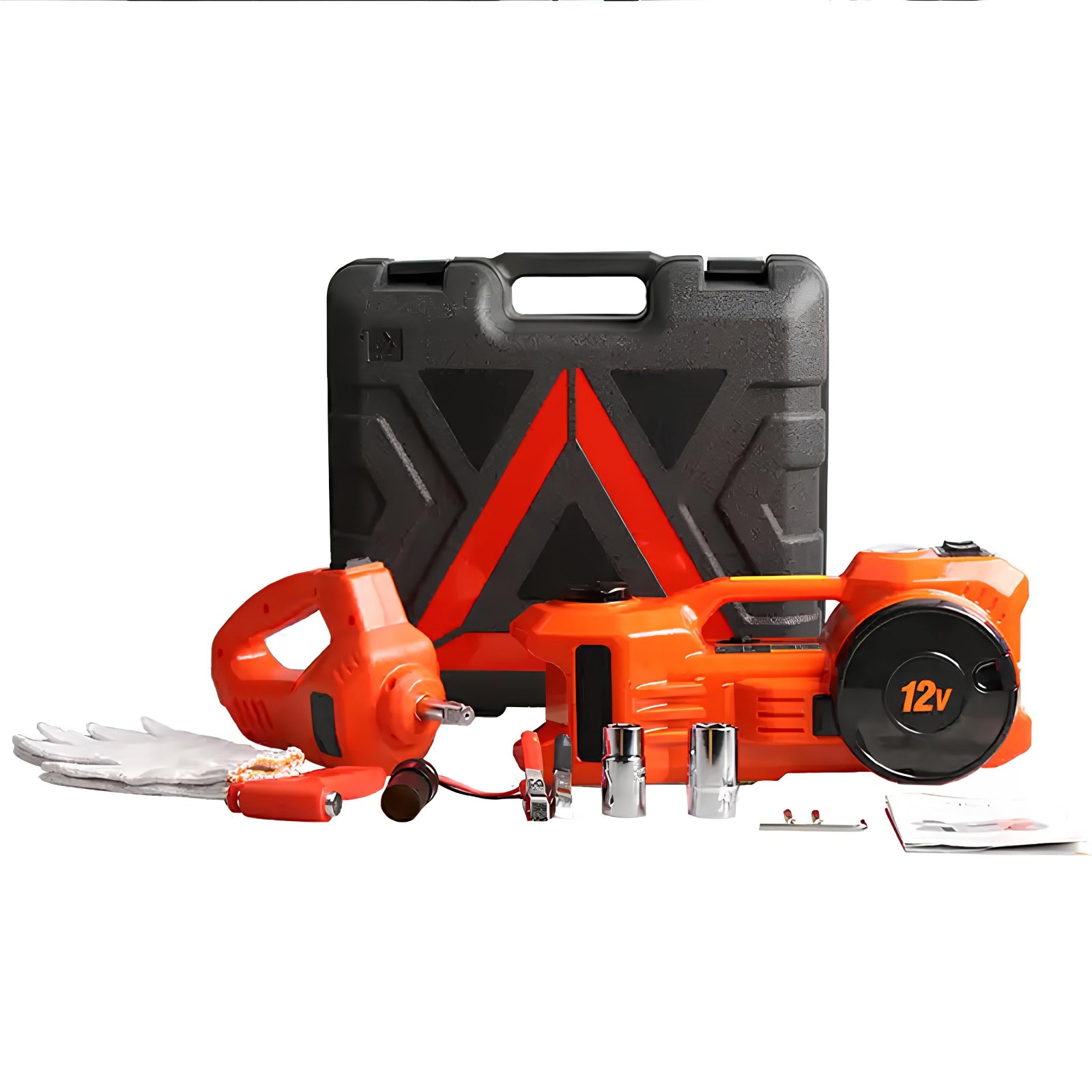 Orange electric cable reel with black carrying case on a white background