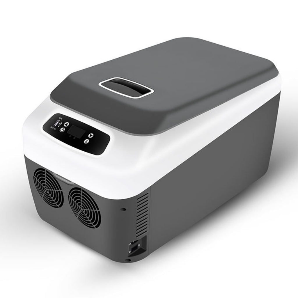 Portable refrigerator with fans and control panel on a white background