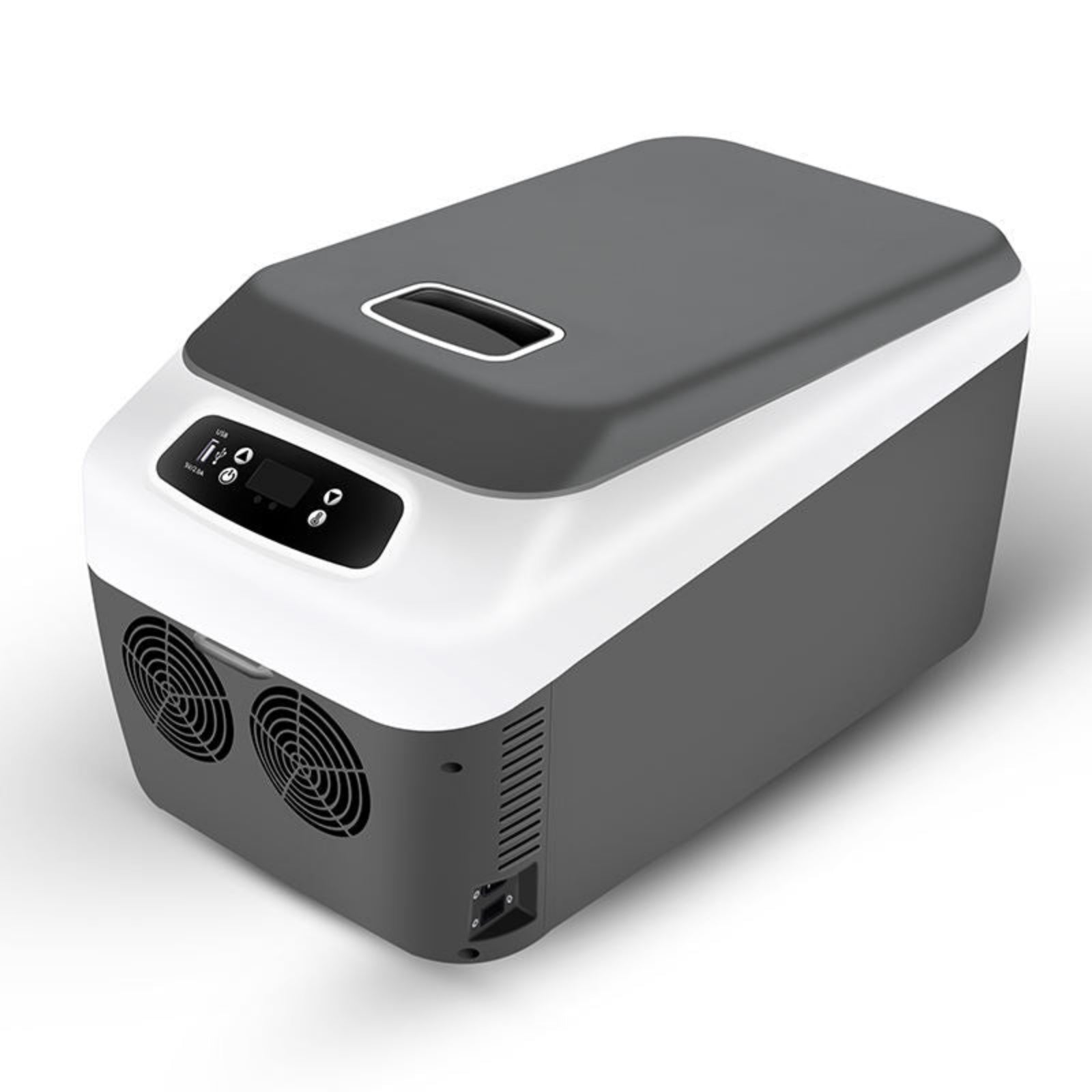 Portable refrigerator with fans and control panel on a white background