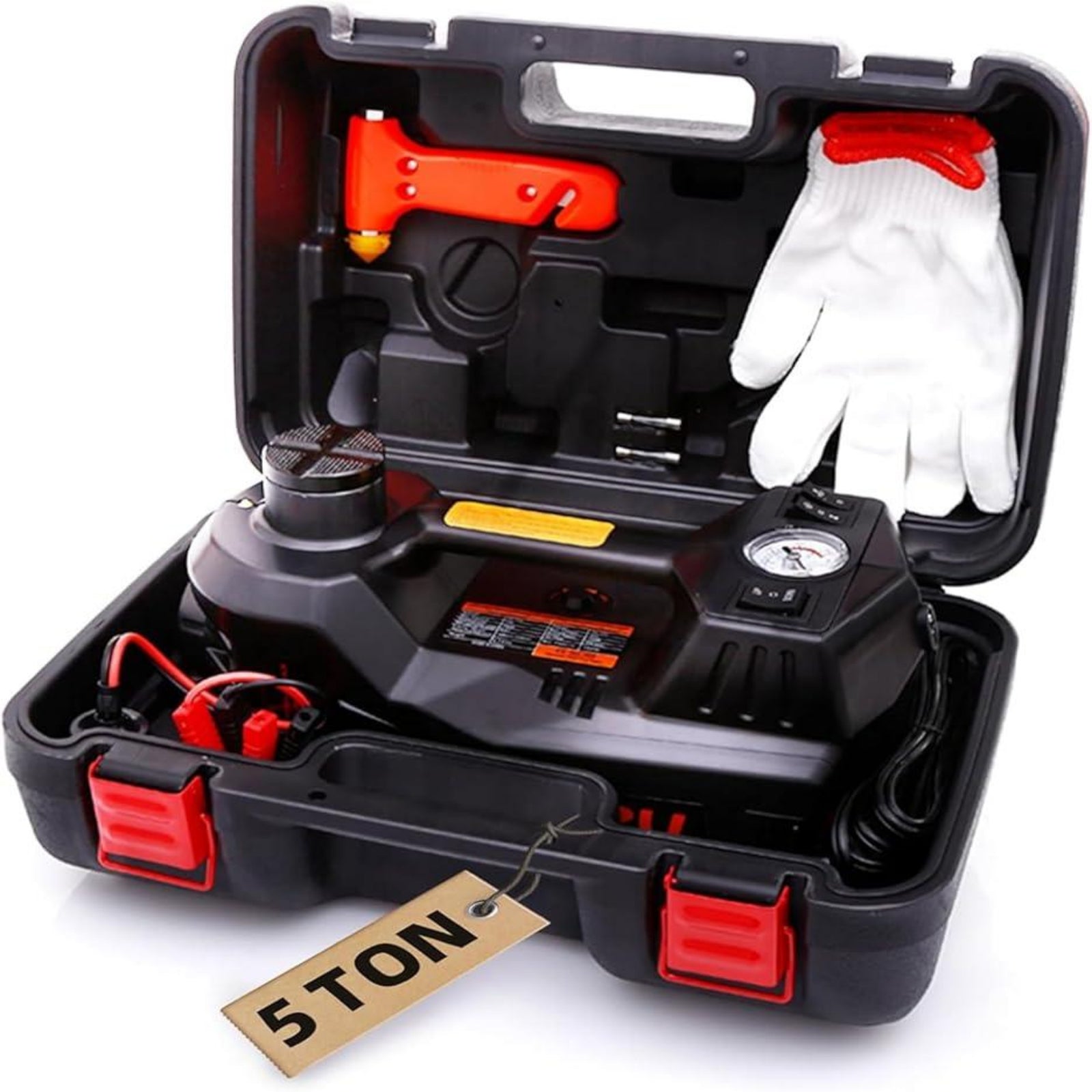 Tire inflator with accessories in a black case on a white background