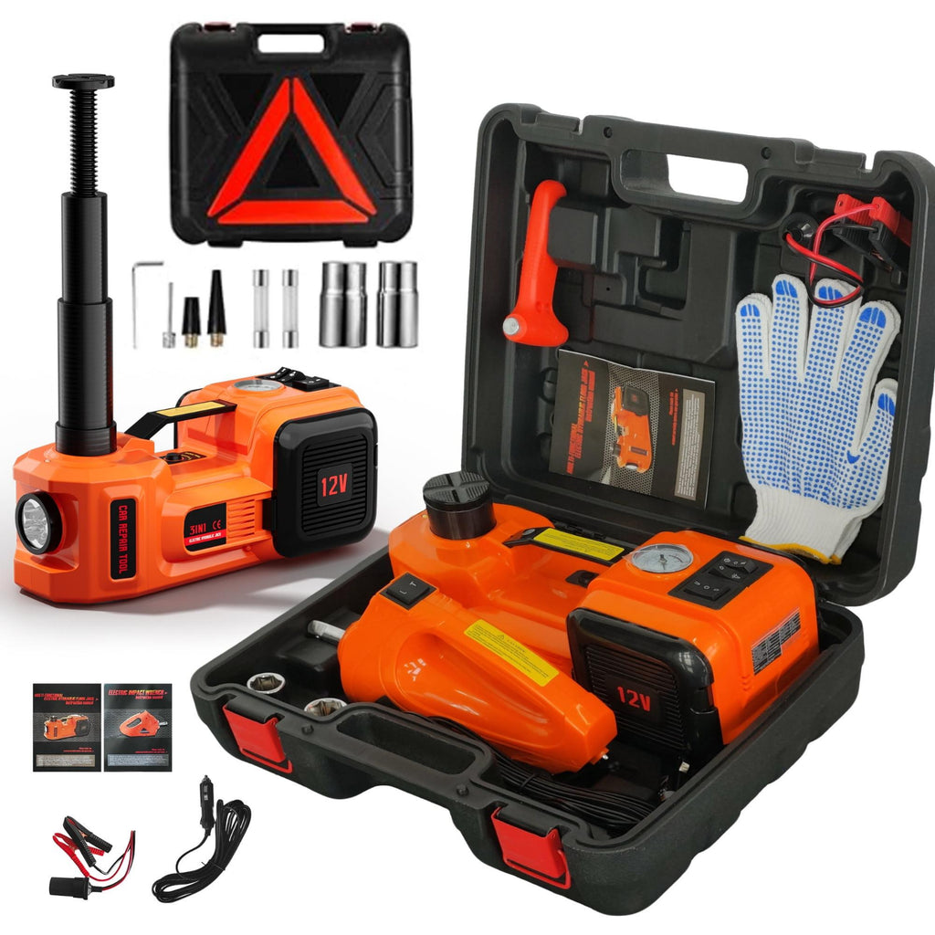 Orange portable jack set with tools and accessories in a black case on a white background