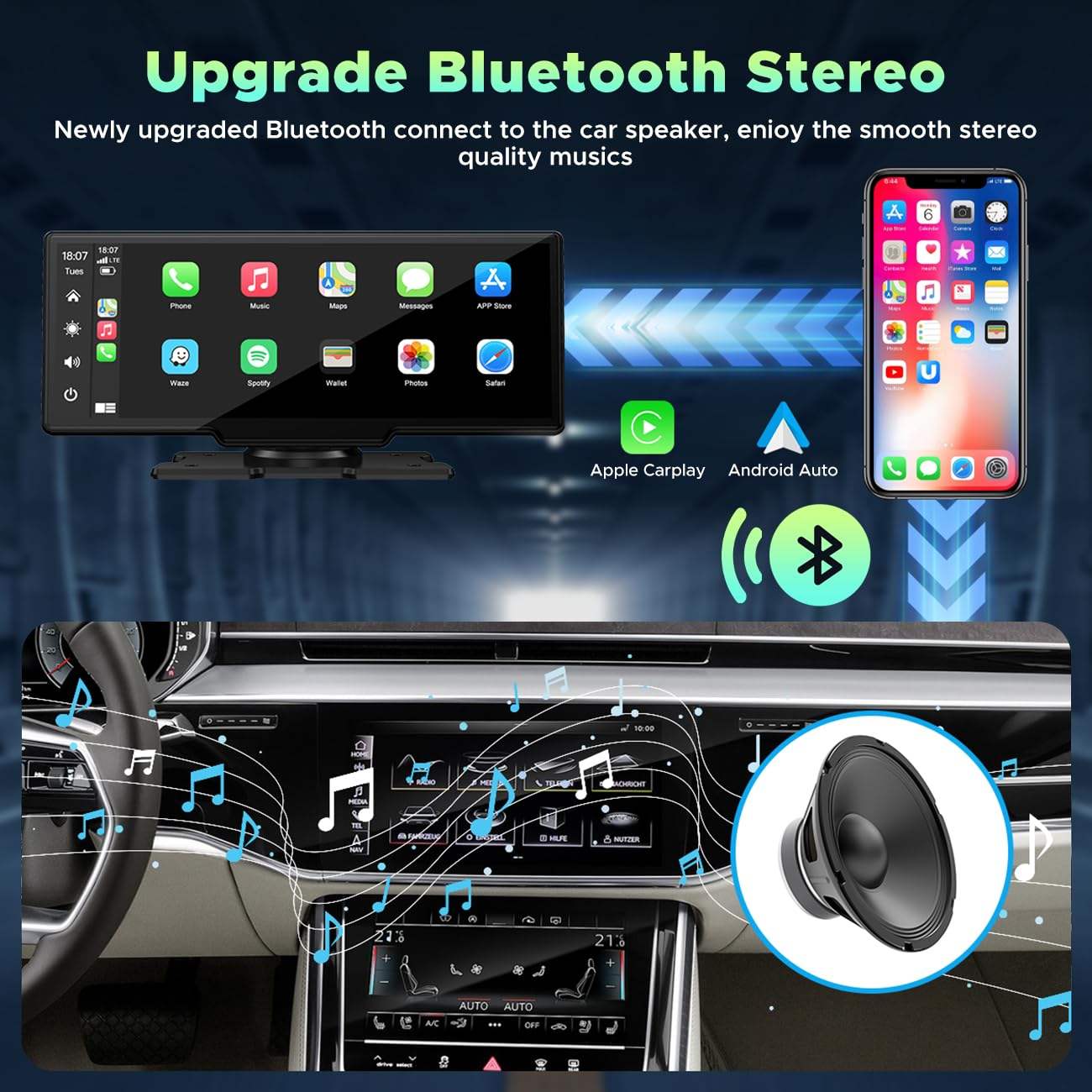 10.26-Inch Wireless Apple CarPlay & Android Auto Touchscreen Display – Portable HD IPS Car Multimedia Player with Bluetooth, FM Transmitter, Mirror Link & Voice Control