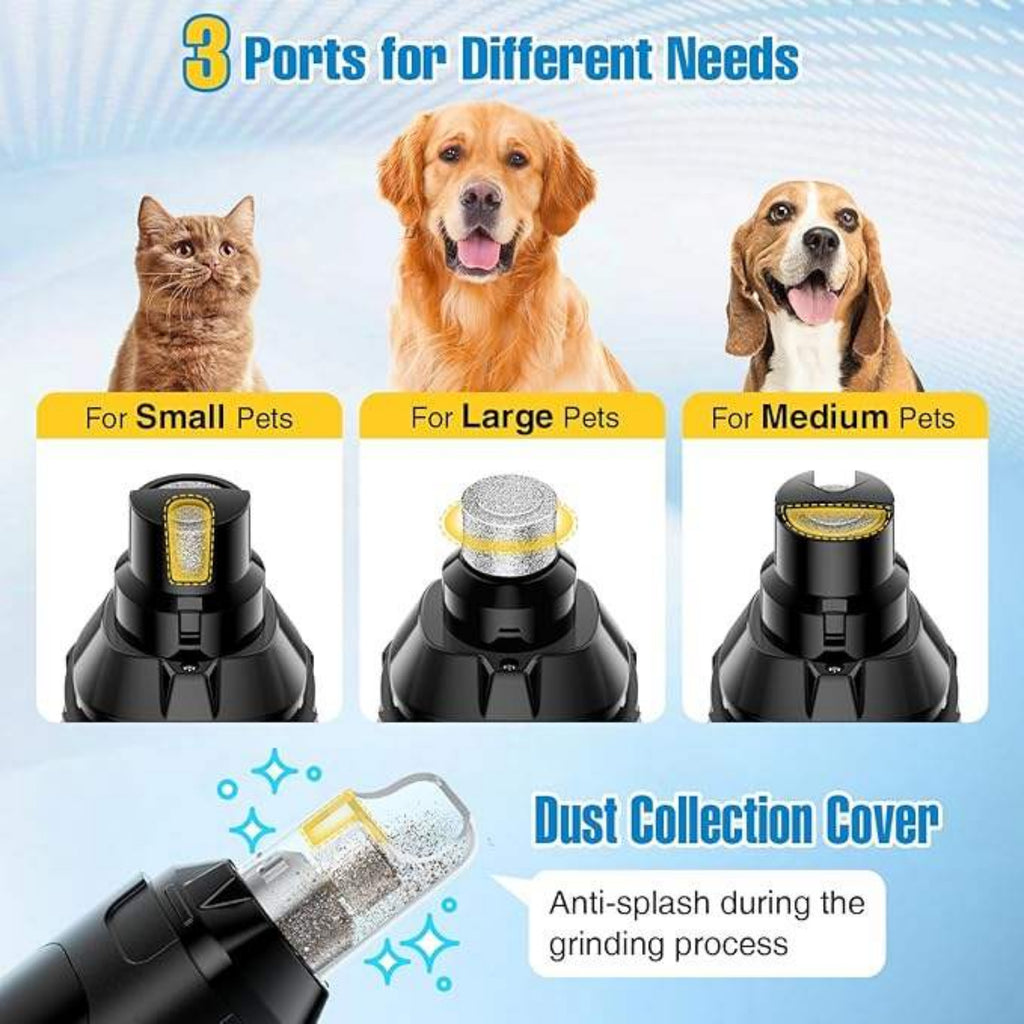 Dog grooming tool with three ports for small, large, and medium pets on a blue background.