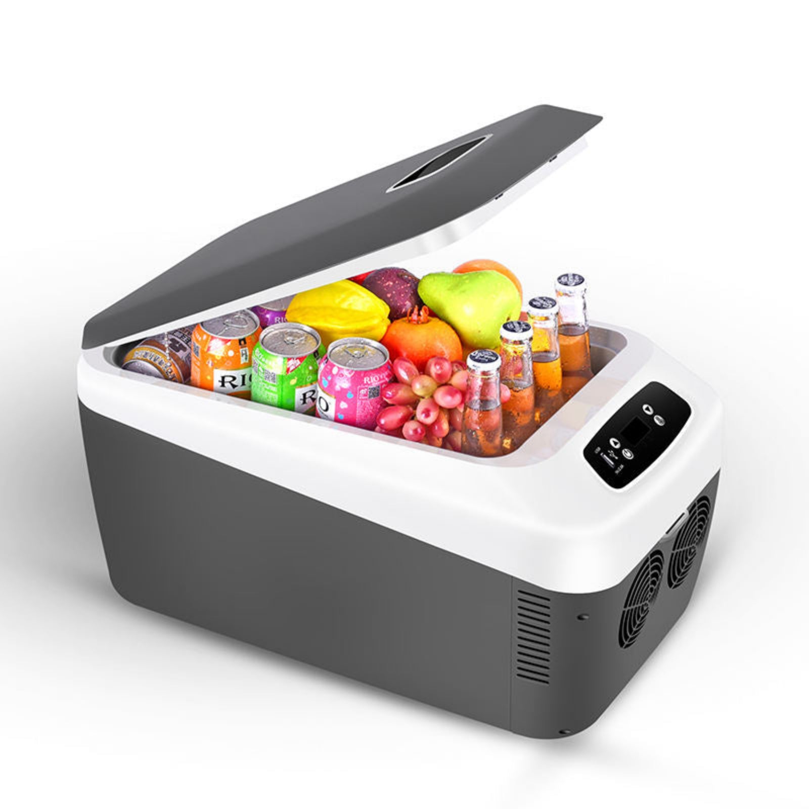 Portable cooler with food and drinks on a white background