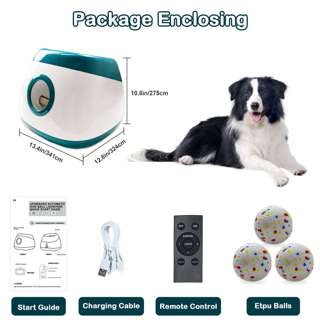 Dog toy package with remote control, charging cable, start guide, and dog toys on a white background.