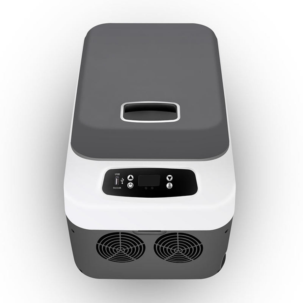 Portable refrigerator with a dark gray top and white body on a light gray background