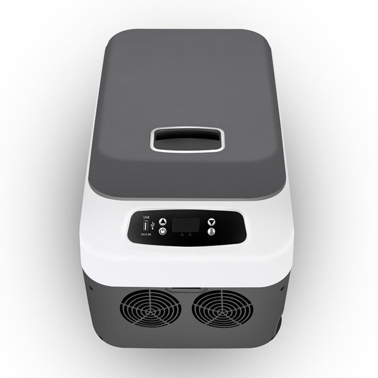 Portable refrigerator with a dark gray top and white body on a light gray background